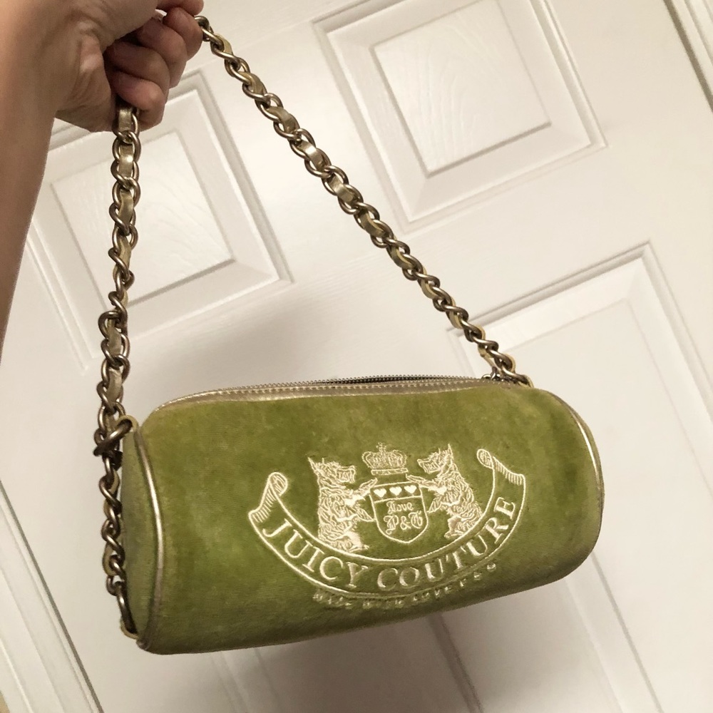 Juicy Couture Y2K Green Velour Scottie Dog Barrel Tootsie Roll Bag Purse